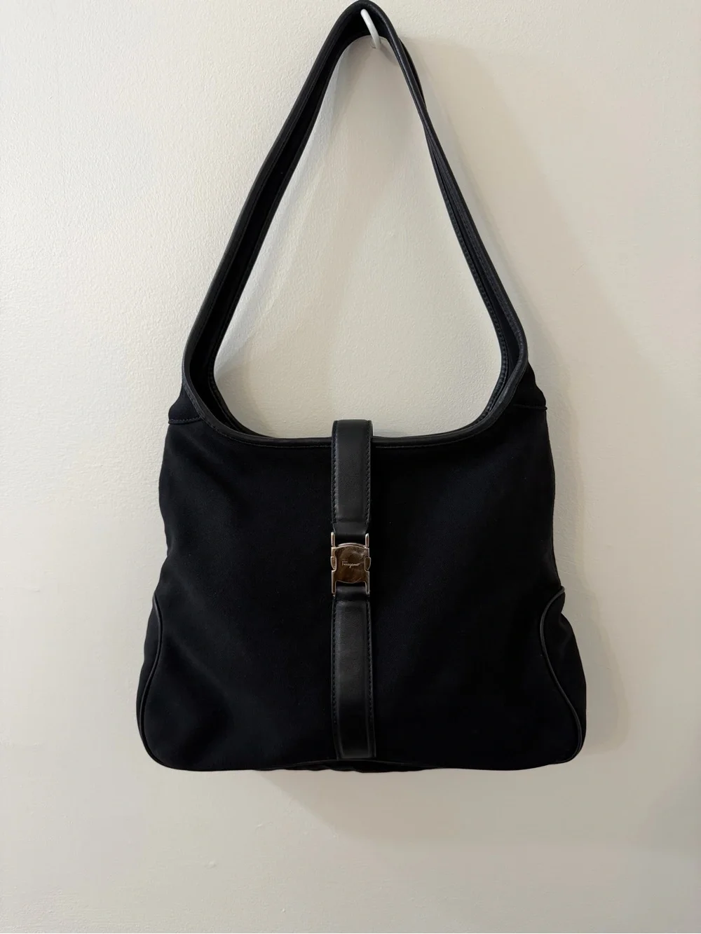 Salvatore Ferragamo Black Nylon Gancini Shoulder Bag Leather Trim Italy